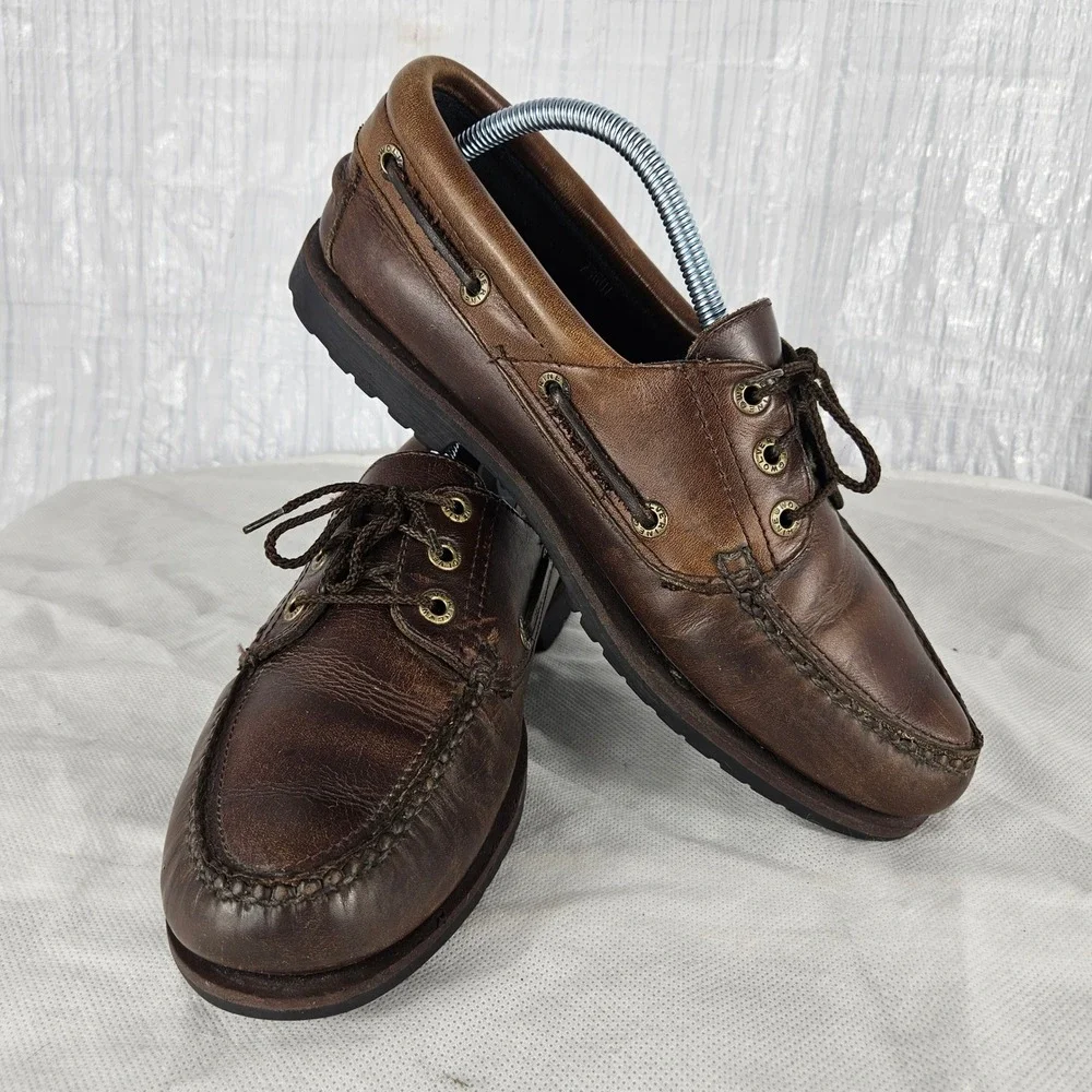 Wolverine Men's 9.5 Brown Leather Boat Shoes Lug Sole Moc Toe Loafers